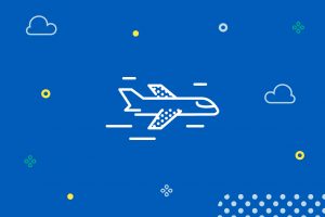 White plane illustration with blue background surrounded by cloud, dots and circle illustrations.